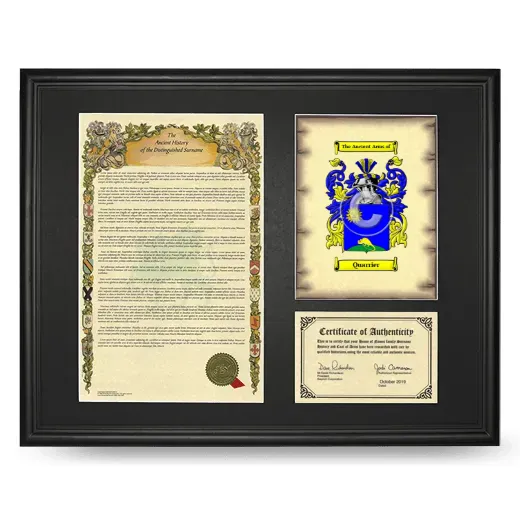 Quarrier Framed Surname History and Coat of Arms - Black