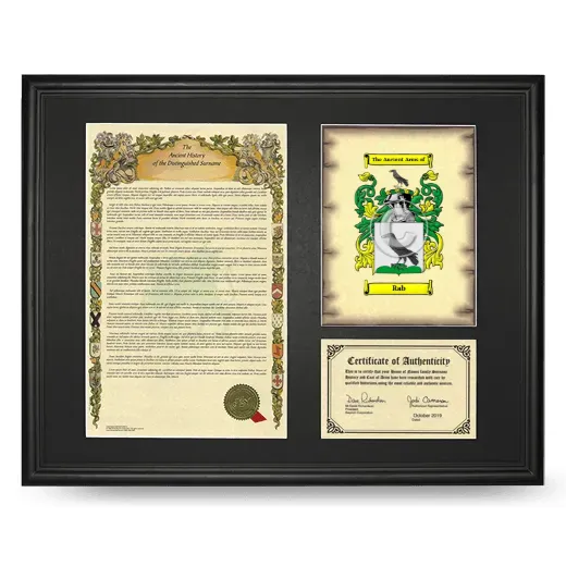 Rab Framed Surname History and Coat of Arms - Black