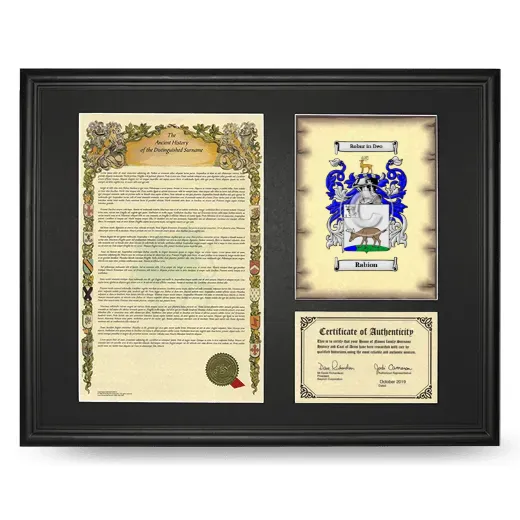 Rabion Framed Surname History and Coat of Arms - Black