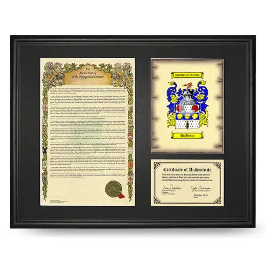 Radbone Framed Surname History and Coat of Arms - Black