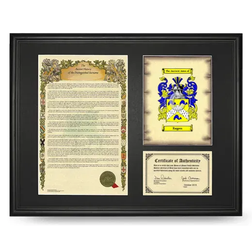Ragen Framed Surname History and Coat of Arms - Black