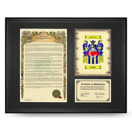 Randen Framed Surname History and Coat of Arms - Black