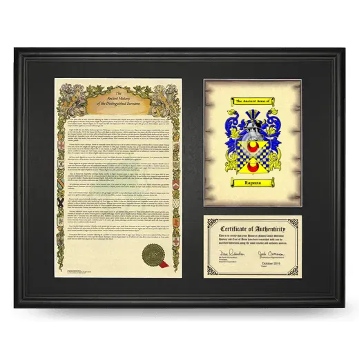 Rapoza Framed Surname History and Coat of Arms - Black