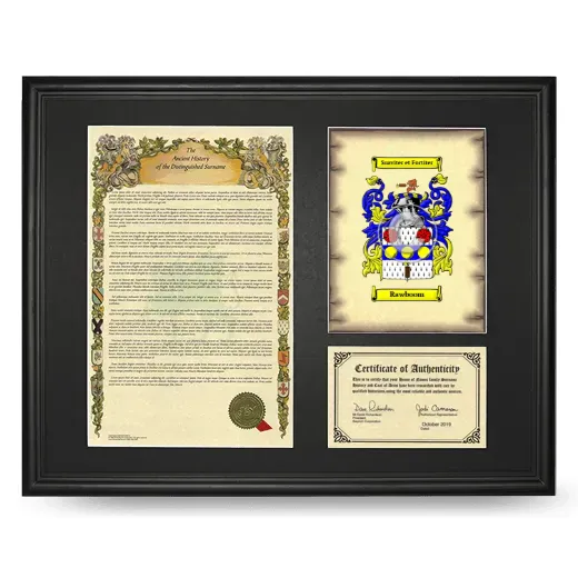 Rawboom Framed Surname History and Coat of Arms - Black