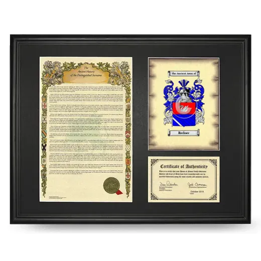 Redner Framed Surname History and Coat of Arms - Black