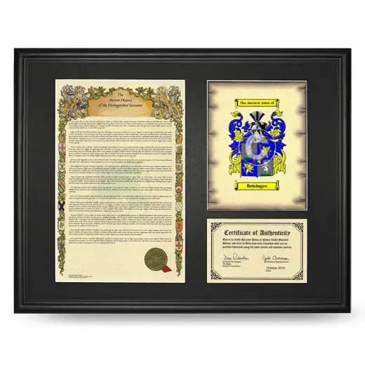 Reisinger Framed Surname History and Coat of Arms - Black