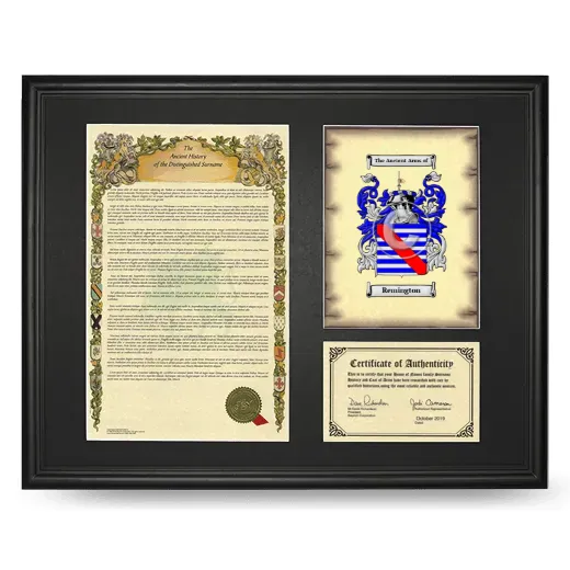 Remington Framed Surname History and Coat of Arms - Black
