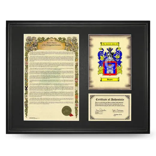 Reyes Framed Surname History and Coat of Arms - Black