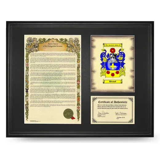 Rivaud Framed Surname History and Coat of Arms - Black