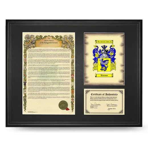 Riveaux Framed Surname History and Coat of Arms - Black