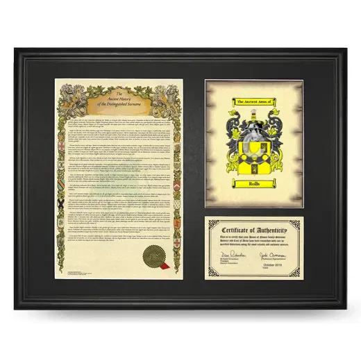 Rolls Framed Surname History and Coat of Arms - Black