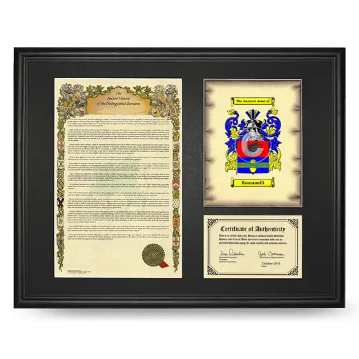 Romanelli Framed Surname History and Coat of Arms - Black