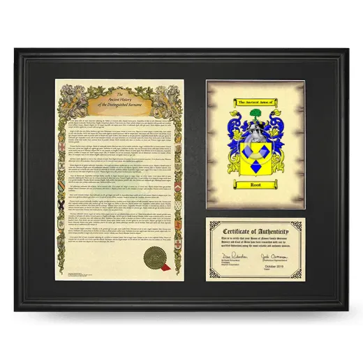 Root Framed Surname History and Coat of Arms - Black