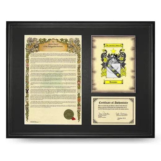 Russom Framed Surname History and Coat of Arms - Black