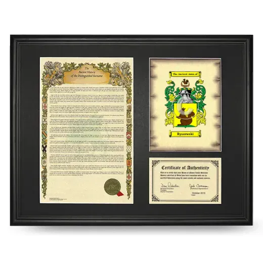 Ryszewski Framed Surname History and Coat of Arms - Black