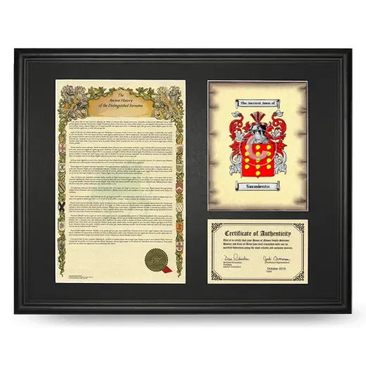 Sarmiento Framed Surname History and Coat of Arms - Black
