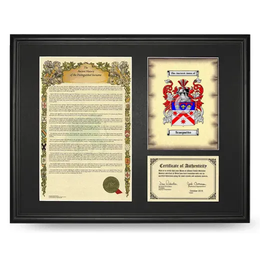 Scarpatto Framed Surname History and Coat of Arms - Black