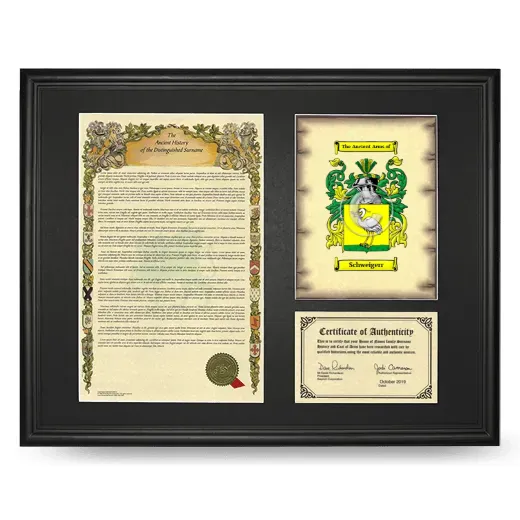 Schweigerr Framed Surname History and Coat of Arms - Black