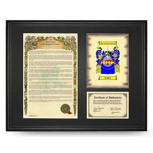 Scobey Framed Surname History and Coat of Arms - Black