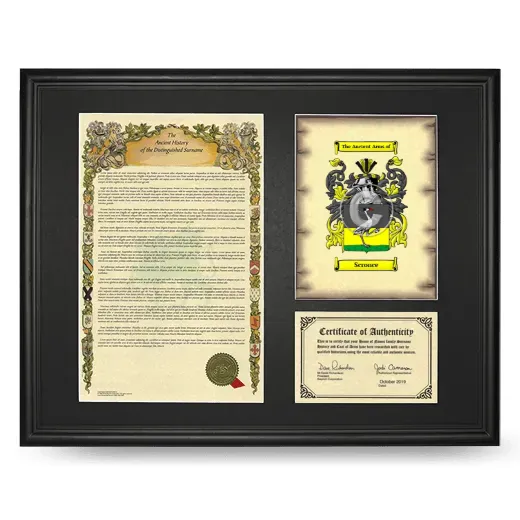 Scronce Framed Surname History and Coat of Arms - Black