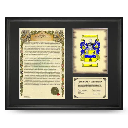 Seal Framed Surname History and Coat of Arms - Black