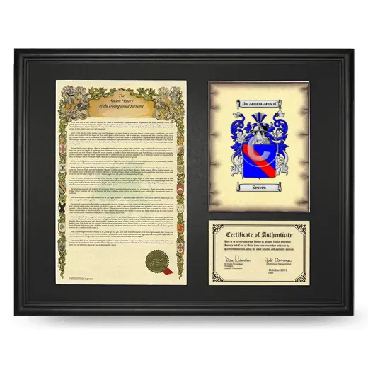 Serrés Framed Surname History and Coat of Arms - Black