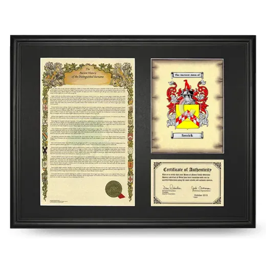 Serrick Framed Surname History and Coat of Arms - Black