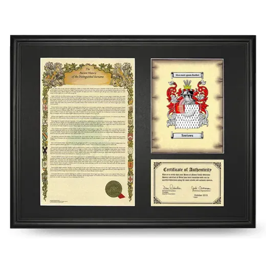 Sertees Framed Surname History and Coat of Arms - Black