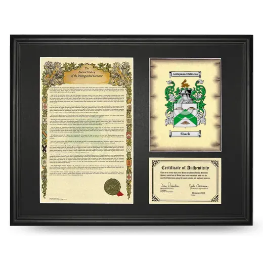 Shack Framed Surname History and Coat of Arms - Black
