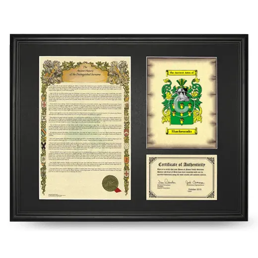Shackenoaks Framed Surname History and Coat of Arms - Black