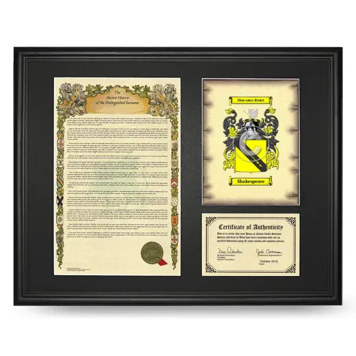 Shakespeare Framed Surname History and Coat of Arms - Black