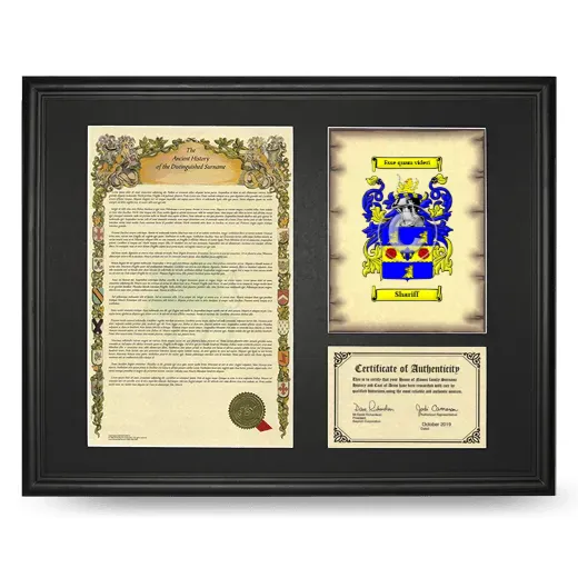 Shariff Framed Surname History and Coat of Arms - Black