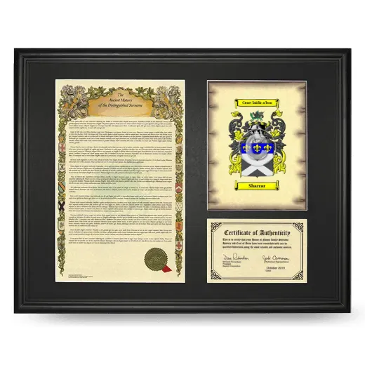 Sharrar Framed Surname History and Coat of Arms - Black