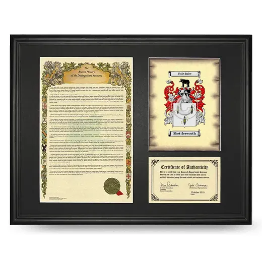 Shettlesworth Framed Surname History and Coat of Arms - Black