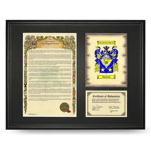 Shorrock Framed Surname History and Coat of Arms - Black