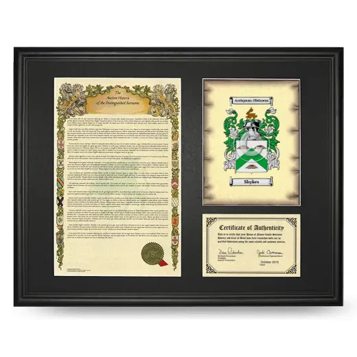 Shykes Framed Surname History and Coat of Arms - Black