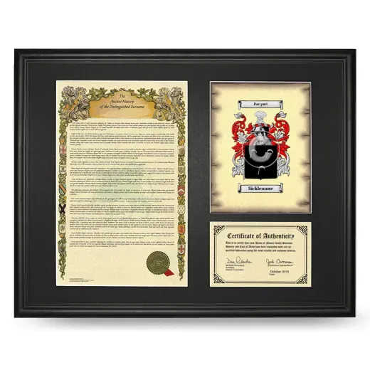 Sicklemore Framed Surname History and Coat of Arms - Black