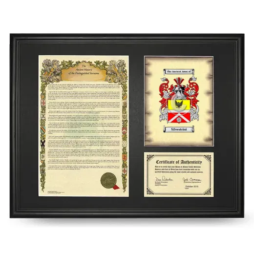 Silvestrini Framed Surname History and Coat of Arms - Black