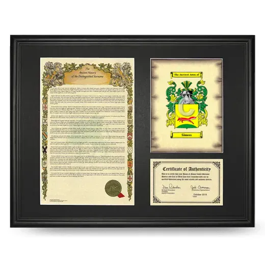 Simon Framed Surname History and Coat of Arms - Black
