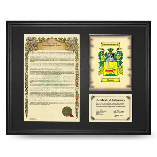 Simons Framed Surname History and Coat of Arms - Black