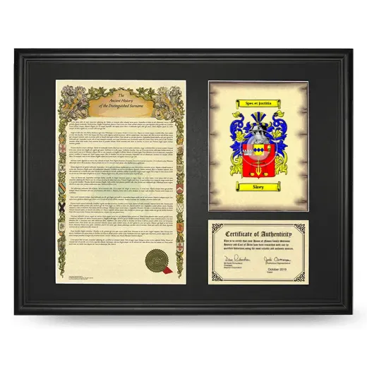 Sirey Framed Surname History and Coat of Arms - Black