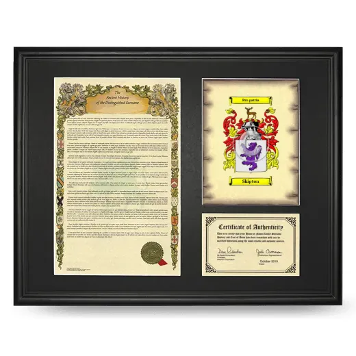 Skipton Framed Surname History and Coat of Arms - Black