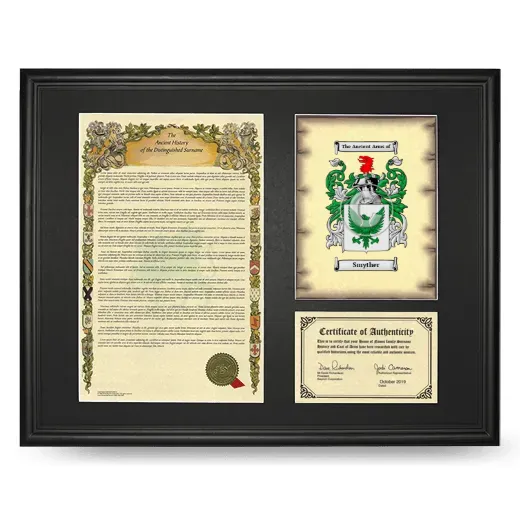 Smyther Framed Surname History and Coat of Arms - Black