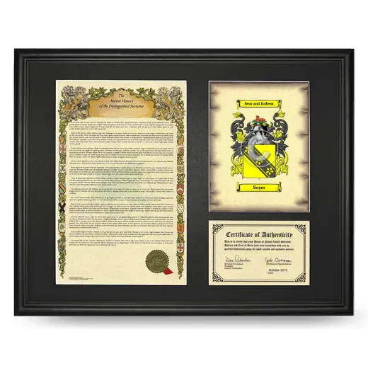 Soyer Framed Surname History and Coat of Arms - Black