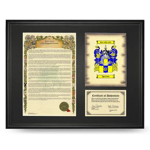 Sportun Framed Surname History and Coat of Arms - Black