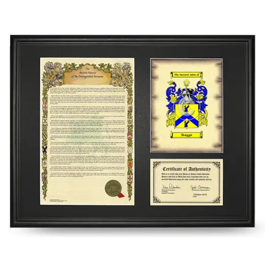 Stagge Framed Surname History and Coat of Arms - Black