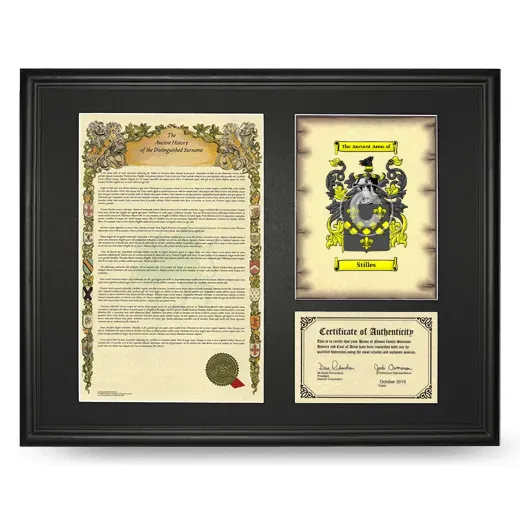 Stilles Framed Surname History and Coat of Arms - Black