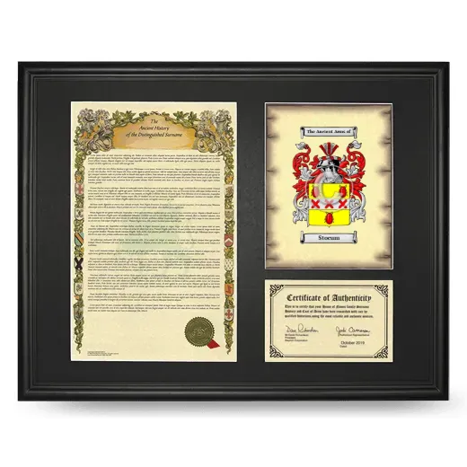 Stocum Framed Surname History and Coat of Arms - Black