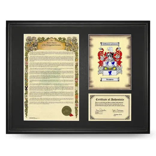Stoness Framed Surname History and Coat of Arms - Black