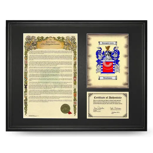 Stratman Framed Surname History and Coat of Arms - Black